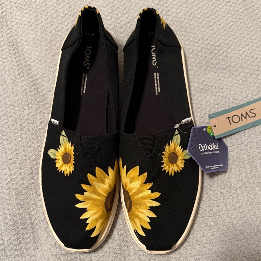 Toms Black Canvas Slip-On Flats with Yellow Sunflower Motif